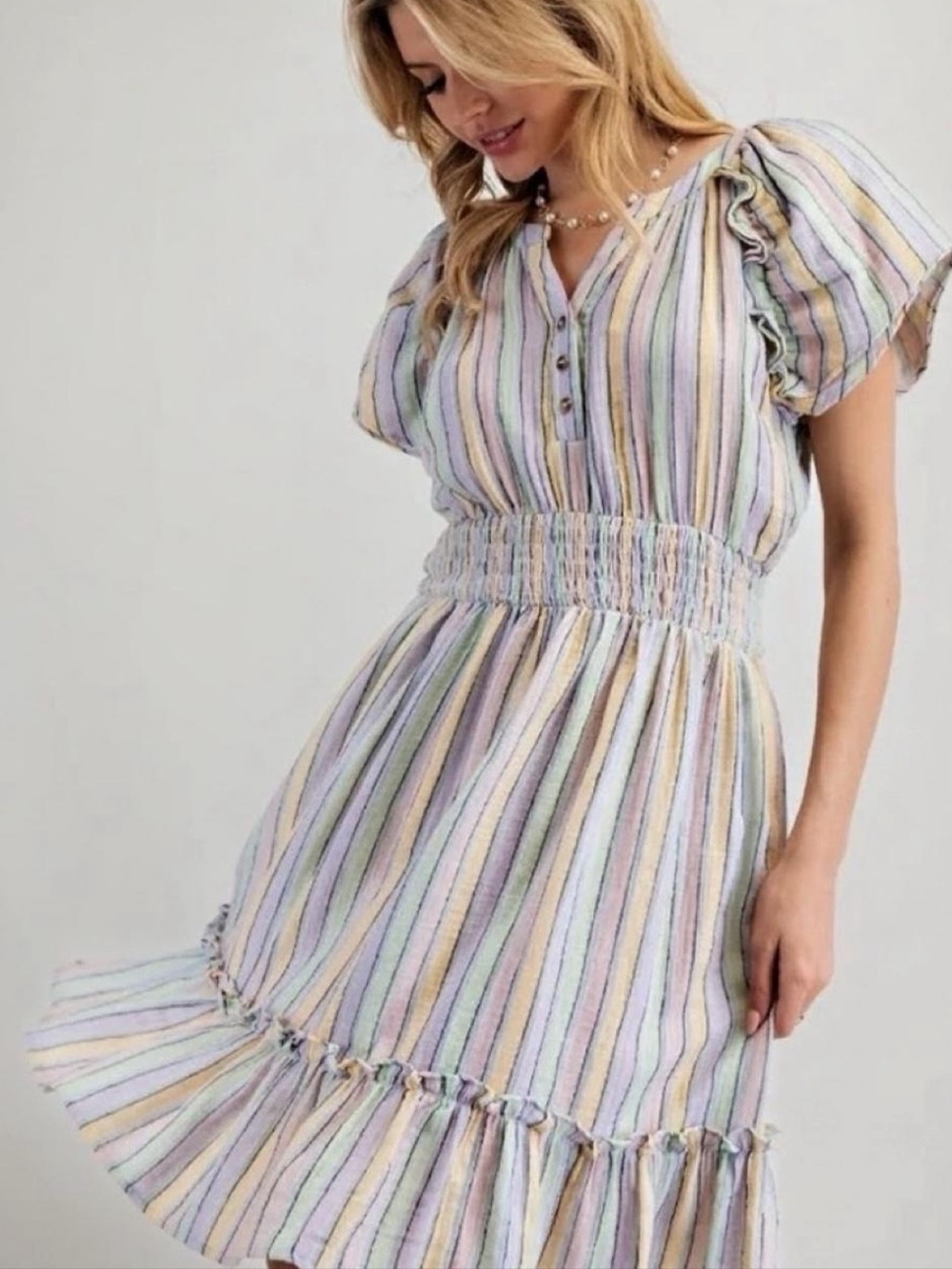 Easel Smocked Waist Romantic Pastel Striped Midi Dress - Multicolor